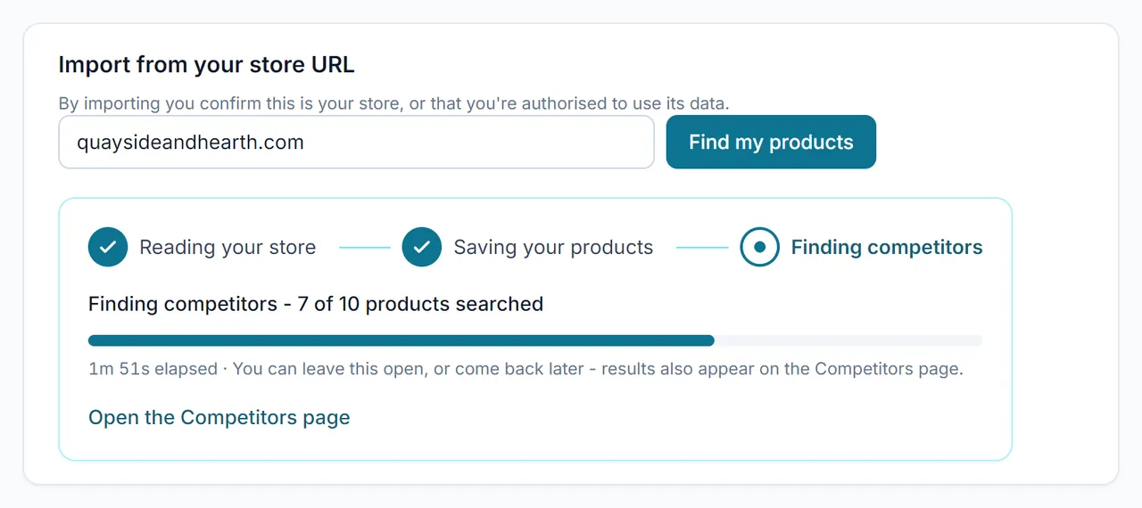 PriceSway importing an example store and searching for its competitors, with a progress bar at 7 of 10 products searched